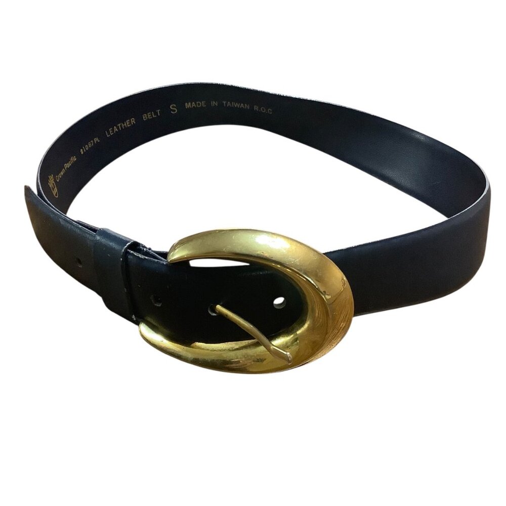 Vtg Crown Pacific Navy Blue Leather Belt Gold Oval Buckle Small‎ Waist 26-30"